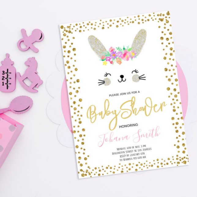 Rabbit Gray Gold Confetti Kinderdusche Einladung (Von Creator hochgeladen)