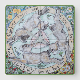 Rabbit Hare Trio Four Seasons Clock Light Green Quadratische Wanduhr