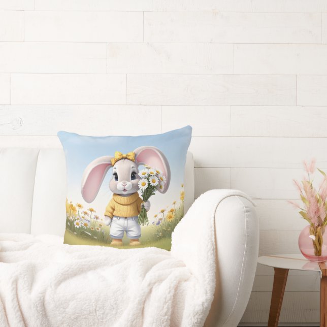 Rabbit holding bouquet of white daisies kissen (Liege)