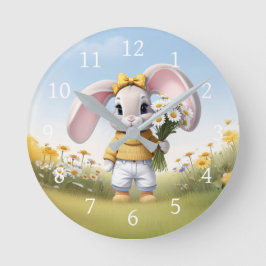 Rabbit holding bouquet of white daisies runde wanduhr