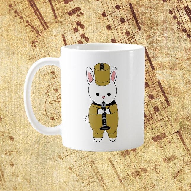 Rabbit-Klarinette Gold Black Kaffeetasse (A mug with a bunny playing the clarinet in a gold and black marching band uniform.)
