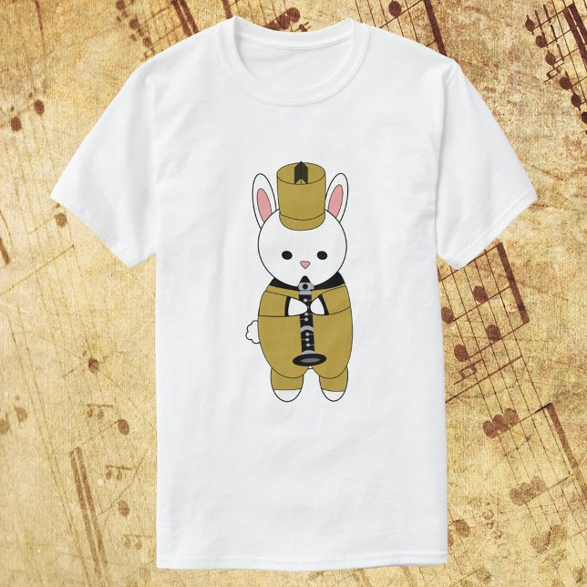 Rabbit-Klarinette Gold Black T-Shirt (A shirt of a rabbit wearing a gold and black marching band uniform and playing the clarinet.)