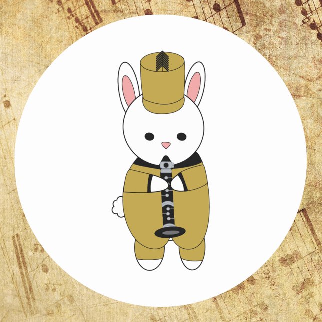 Rabbit Marching Band Klarinette Gold Black Runder Aufkleber (A sticker of a rabbit playing the clarinet while wearing a black and gold marching band uniform)