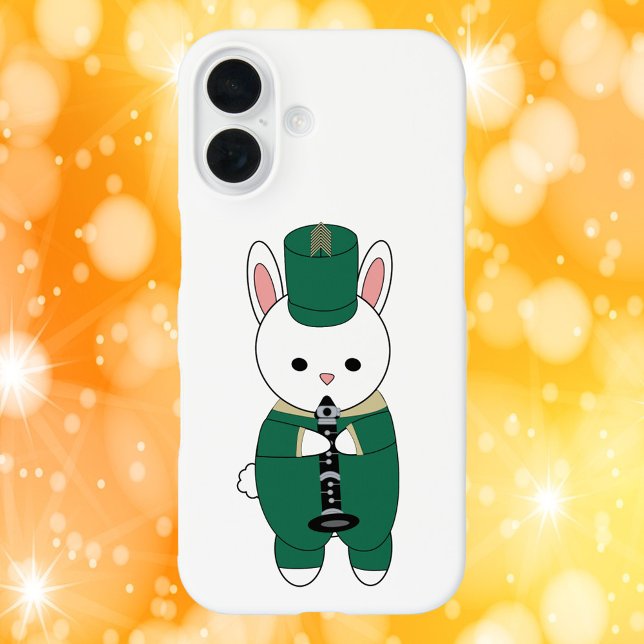 Rabbit Marching Band Klarinette Green Gold Case-Mate iPhone Hülle (A phone case with a white rabbit playing the clarinet in a green & gold marching band uniform.)