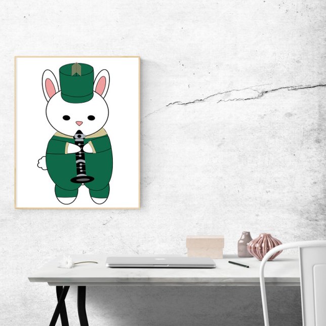 Rabbit Marching Band Klarinette Green Gold Poster (A poster of a white rabbit playing the clarinet wearing a green & gold marching band uniform.)