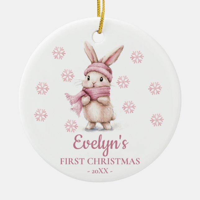 Rabbit Personalized Girl's First Christmas Keramik Ornament (Vorne)