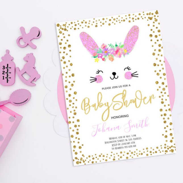 Rabbit Pink Gold Confetti Kinderdusche Einladung (Von Creator hochgeladen)