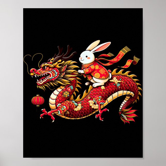Rabbit Ride Chinese Dragon Funny Mens Womens Happy Poster (Vorne)