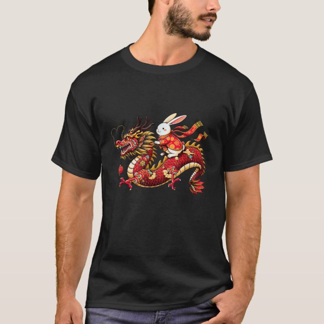 Rabbit ride Chinese Dragon Funny Mens Womens Happy T-Shirt (Vorderseite)