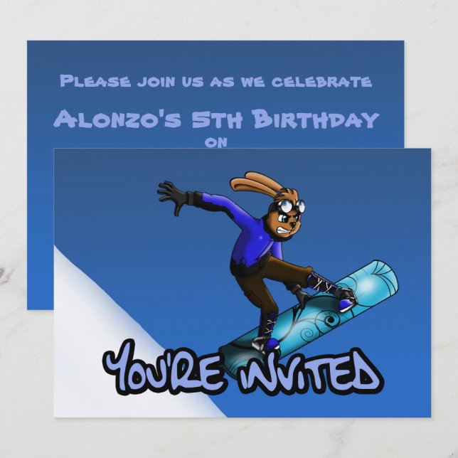 Rabbit Snowboarder Birthday Party Einladung (Vorne/Hinten)