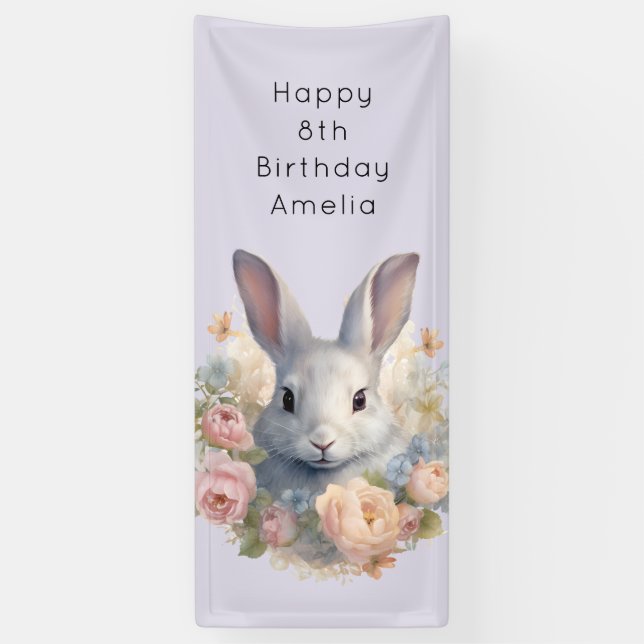 Rabbit Surrounded by Pastel Flowers Cute Birthday Banner (Vertikal)