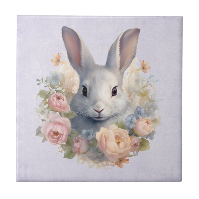 Rabbit Surrounded by Pastel Flowers Cute Fliese (Vorderseite)