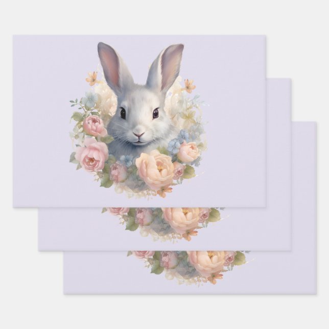 Rabbit Surrounded by Pastel Flowers Cute Geschenkpapier Set (Set)