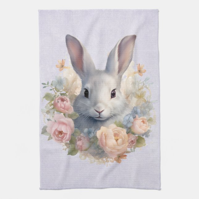 Rabbit Surrounded by Pastel Flowers Cute Geschirrtuch (Vertikal)