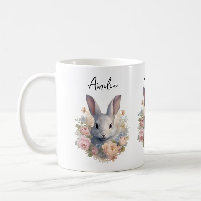 Rabbit Surrounded by Pastel Flowers Cute Kaffeetasse (Links)