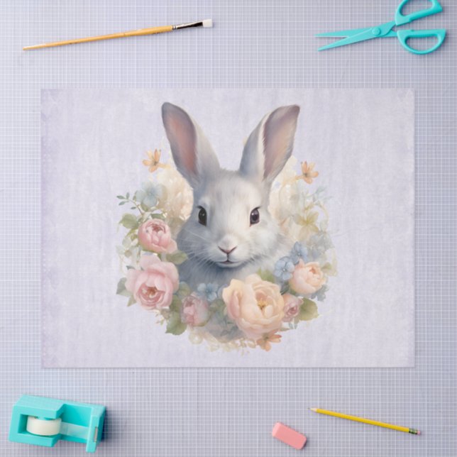 Rabbit Surrounded by Pastel Flowers Cute Seidenpapier (Basteln)