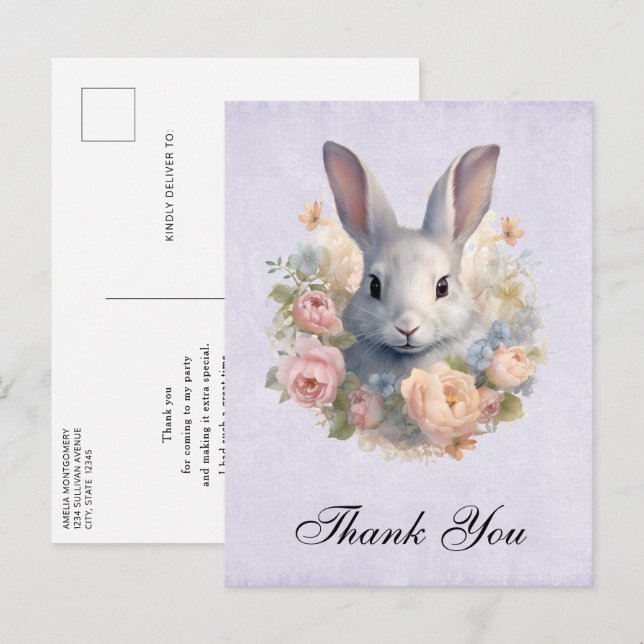 Rabbit Surrounded by Pastel Flowers Cute Thank You Postkarte (Vorne/Hinten)