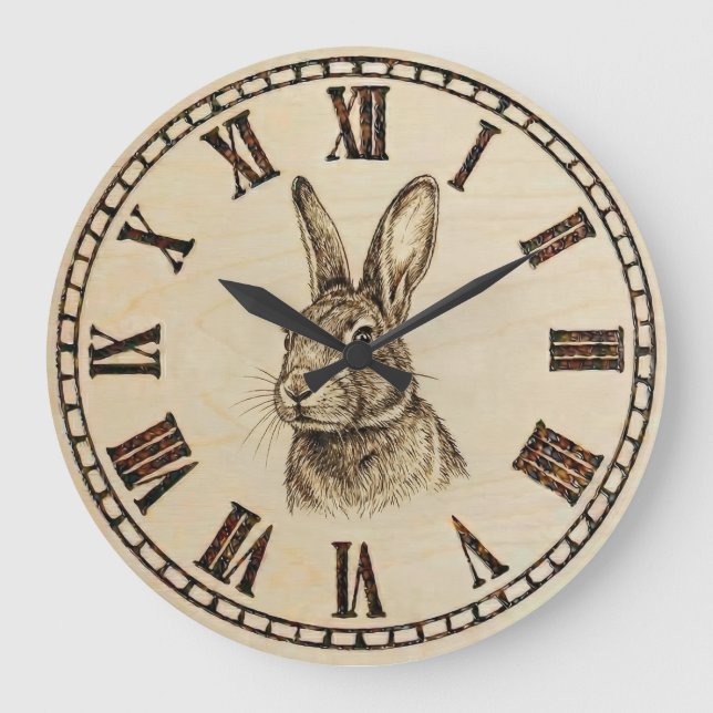 Rabbit Wall Clock | Wood-Burned Style  Große Wanduhr (Vorderseite)