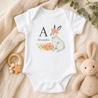 Rabbit with Pink Flowers Monogram Baby Strampler