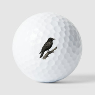 Rabe auf Ast – Mystische Vintage-Schwarzweiß-Illus Golfball