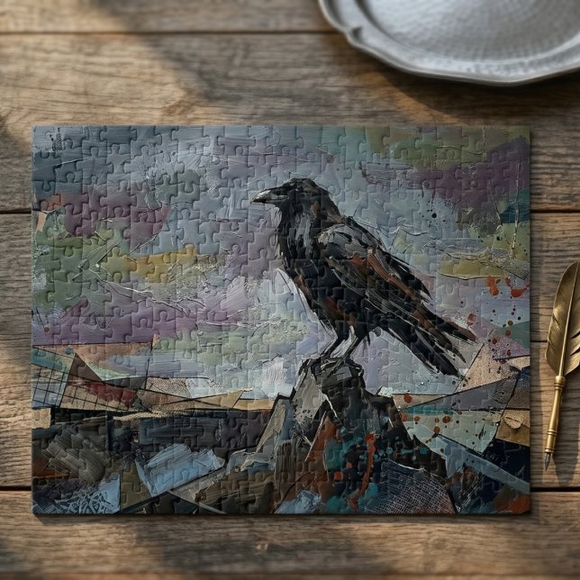 Rabe auf dem Gipfel – Impasto Corvid Dark Gothic Puzzle (Dark gothic raven jigsaw puzzle)