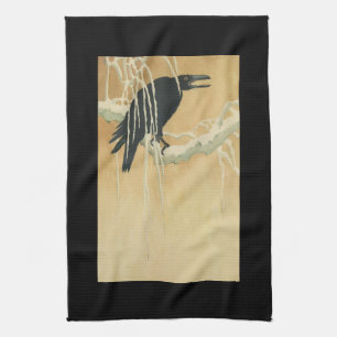 Rabe auf einem Baumzweig Winter-Vintage-Illustrati Geschirrtuch