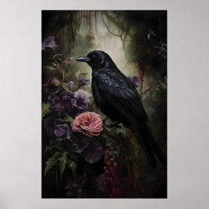 Rabe im düsteren floralen Wald Druck, Krähe Poster