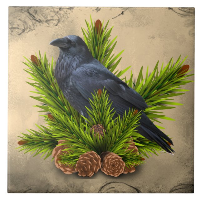 Rabe im Kiefernbaum Untersetzer Dekorative Keramik (Vorderseite)