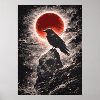 Rabe Krähe auf Totenkopf-Felsen bei Rotem Mond, Ja Poster
