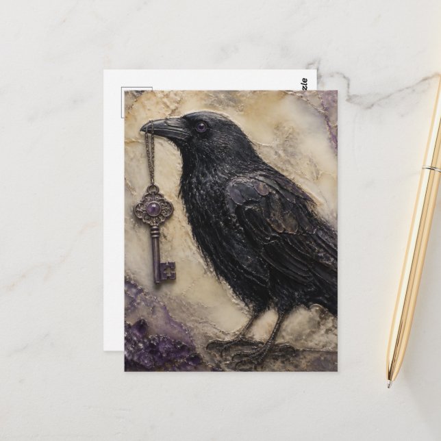 Rabe mit einem Schlüssel Postkarte (Vorderseite/Rückseite Beispiel)