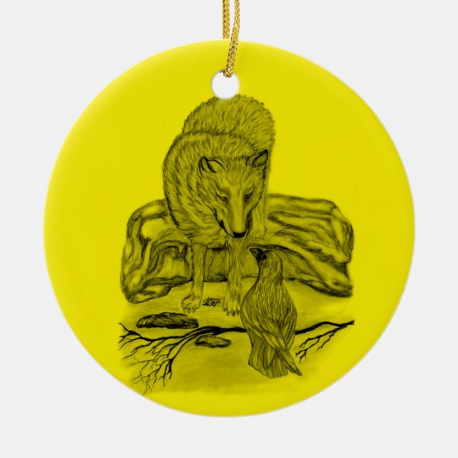 Rabe mit Wolf schwarz gelb Design Keramikornament (Vorne)