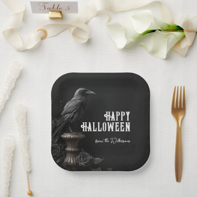 Rabe & Schwarze Rose Gothic Halloween Benutzerdefi Pappteller (Hochzeit)