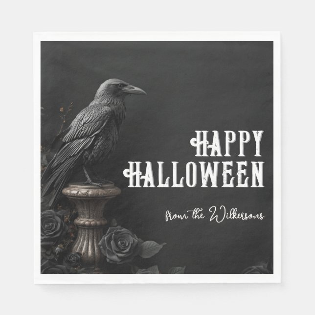 Rabe & Schwarze Rose Gothic Halloween Benutzerdefi Serviette (Vorderseite)
