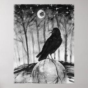Rabe (schwarzer Vogel) in Wäldern mit Mond und Ste Poster