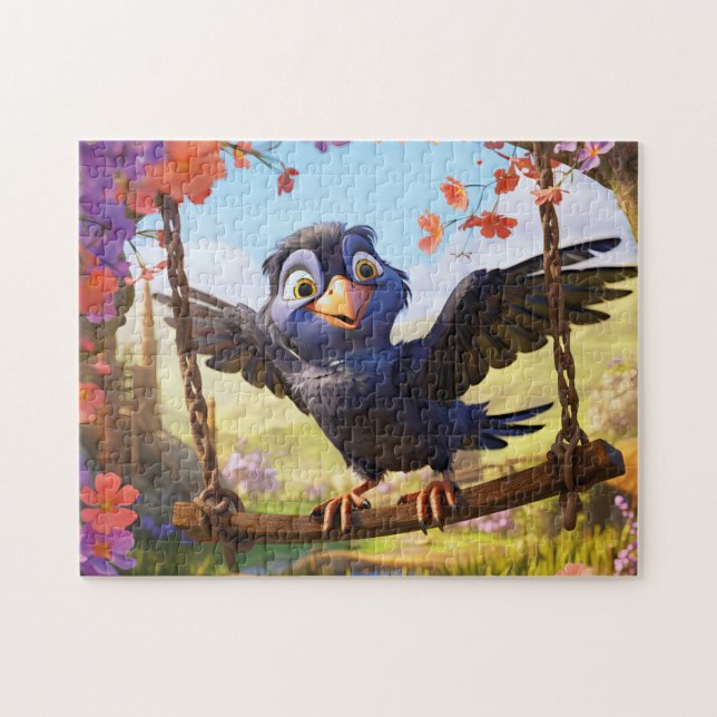 Rabe überblickt Frühlingslandschaft mit Blumen Puzzle (Horizontal)