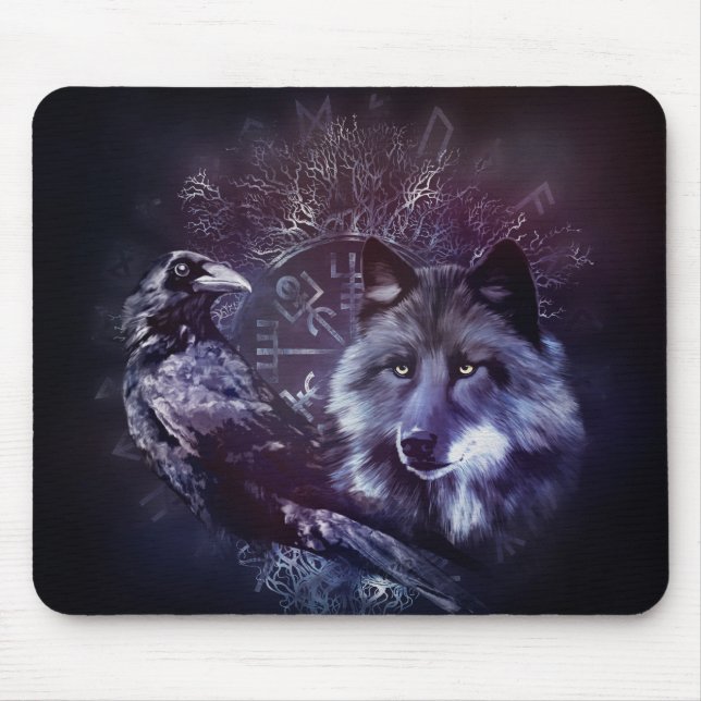Rabe und Wolf - Vegvisir und Baum des Lebens Mousepad (Vorne)