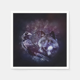 Rabe und Wolf - Vegvisir und Baum des Lebens Serviette
