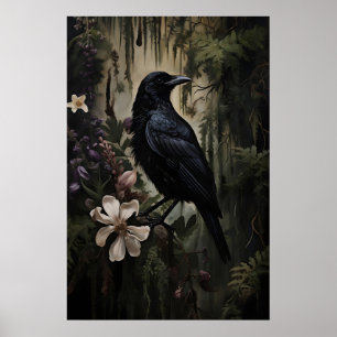 Raben-Blumen-Wald-Druck, dunkle akademische Gotik Poster