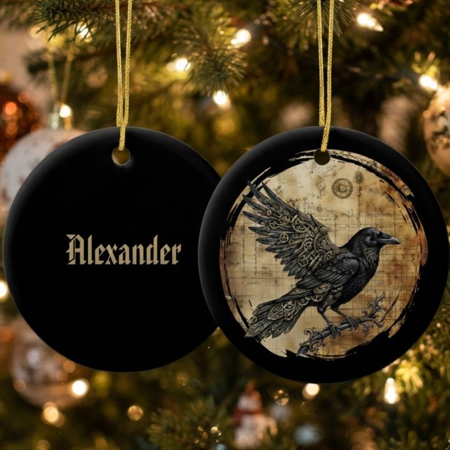 Raben-Gotik-Steampunk-Kunst Keramik Ornament (Steampunk obsidian raven ceramic ornament for gothic holiday lovers and Halloween tree decor.)