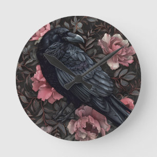Raben gotische Vintage-Blumen Runde Wanduhr