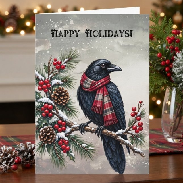 Raben-Gotisches-Karo-Winter Karte (Scarf-wearing raven holiday greeting card for friends and family.)