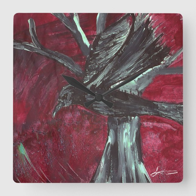 Raben-Wanduhr Quadratische Wanduhr (Vorderseite)