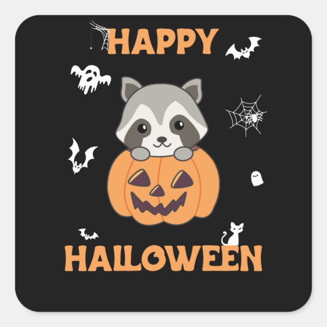 Raccin Pumpkin Sweet Raccoon Happy Halloween Quadratischer Aufkleber (Vorderseite)