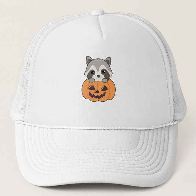 Raccin Pumpkin Sweet Raccoon Happy Halloween Truckerkappe (Vorderseite)