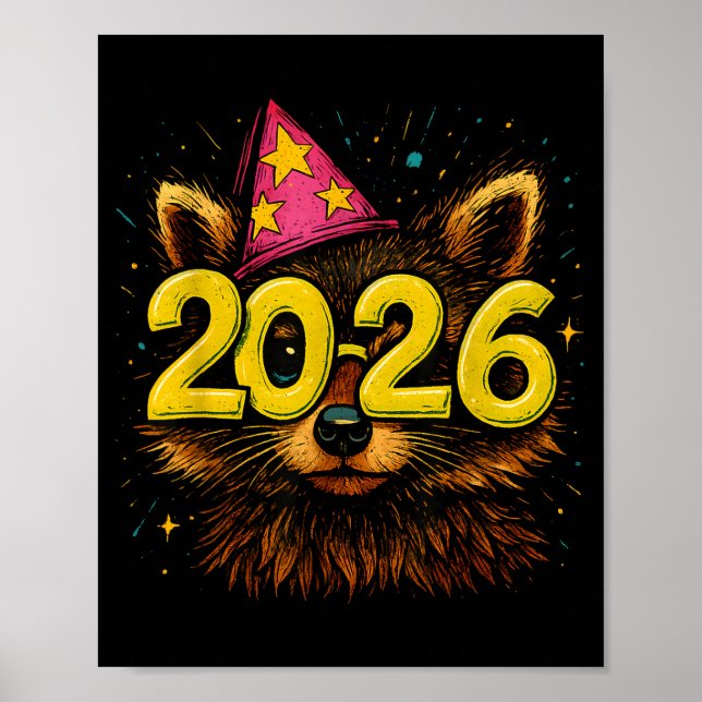 Raccoon 2026 Party Gles Funny New Year Celebration Poster (Vorne)