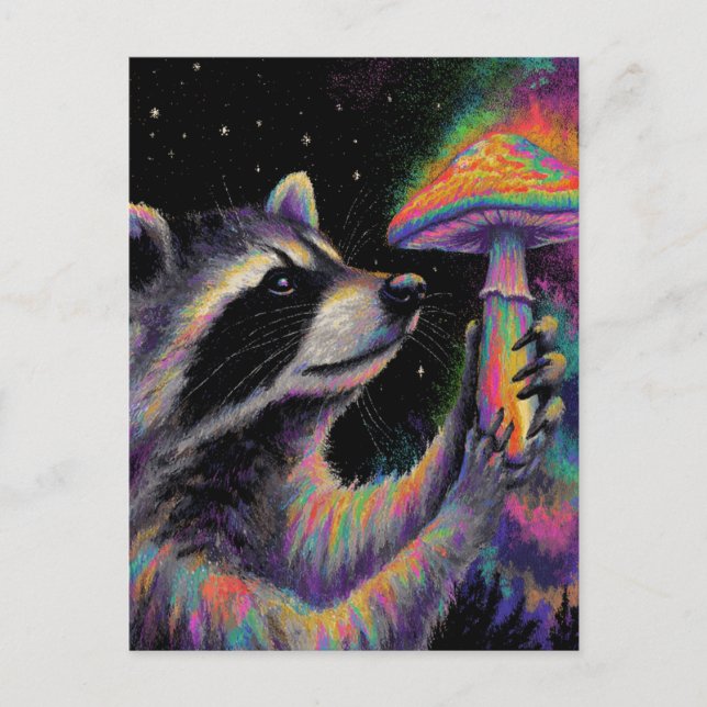 Raccoon and a Neon Chalk Mushroom at Night Postkarte (Vorderseite)