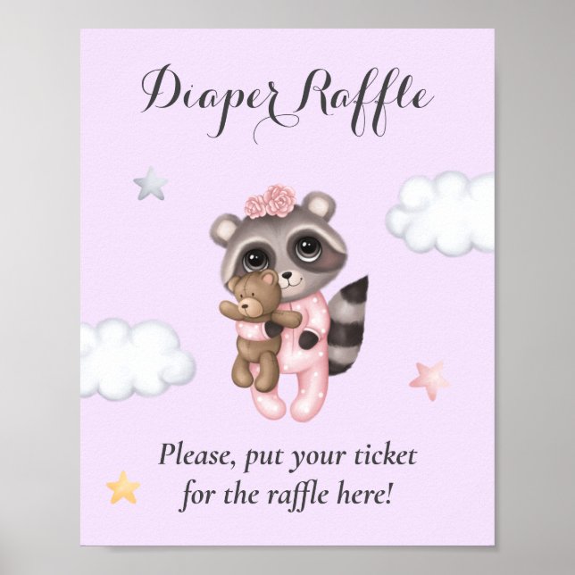 Raccoon Animal Baby Shower Lavender Diaper Raffles Poster (Vorne)