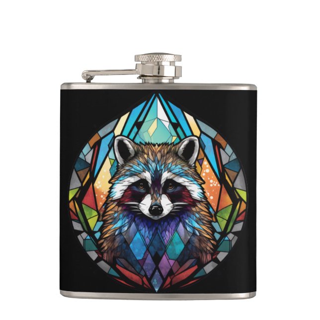 Raccoon Animal Portrait Gestaltetes Glas Kunst, Di Flachmann (Vorderseite)