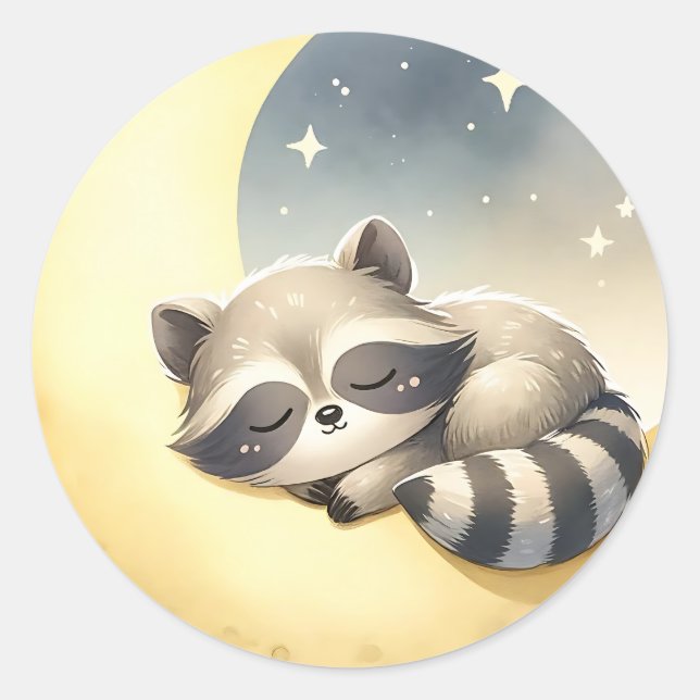 Raccoon auf dem Mond Niedliche Waldtierkinder Runder Aufkleber (Vorderseite)