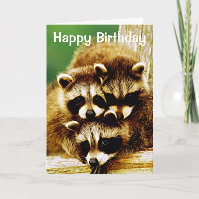 Raccoon Babies Happy Birthday Grußkarte Karte (Vorderseite)